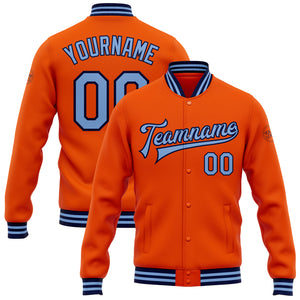 Custom Orange Light Blue-Navy Bomber Full-Snap Varsity Letterman Jacket