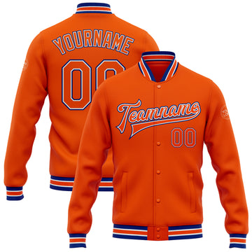 Custom Orange White-Royal Bomber Full-Snap Varsity Letterman Jacket