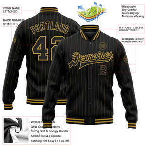 Custom Black Old Gold Pinstripe Old Gold Bomber Full-Snap Varsity Letterman Jacket