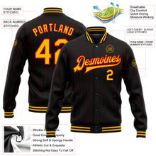 Load image into Gallery viewer, Custom Black Red Pinstripe Gold Bomber Full-Snap Varsity Letterman Jacket
