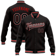 Load image into Gallery viewer, Custom Black Red Pinstripe White Bomber Full-Snap Varsity Letterman Jacket
