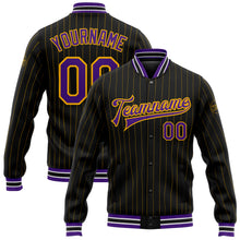 Laden Sie das Bild in den Galerie-Viewer, Custom Black Gold Pinstripe Purple-White Bomber Full-Snap Varsity Letterman Jacket
