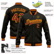 Load image into Gallery viewer, Custom Black Gold Pinstripe Crimson Bomber Full-Snap Varsity Letterman Jacket
