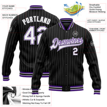Laden Sie das Bild in den Galerie-Viewer, Custom Black Gray Pinstripe White-Purple Bomber Full-Snap Varsity Letterman Jacket
