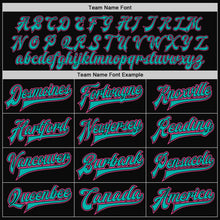 Load image into Gallery viewer, Custom Black Pink Pinstripe Aqua Bomber Full-Snap Varsity Letterman Jacket
