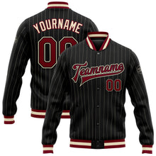 Load image into Gallery viewer, Custom Black Cream Pinstripe Maroon Bomber Full-Snap Varsity Letterman Jacket
