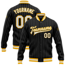 Laden Sie das Bild in den Galerie-Viewer, Custom Black White Pinstripe Gold Bomber Full-Snap Varsity Letterman Jacket
