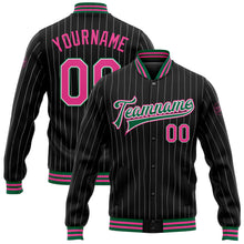 Charger l&#39;image dans la galerie, Custom Black White Pinstripe Pink-Kelly Green Bomber Full-Snap Varsity Letterman Jacket
