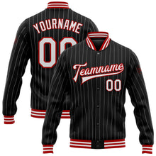 Load image into Gallery viewer, Custom Black White Pinstripe Red Bomber Full-Snap Varsity Letterman Jacket
