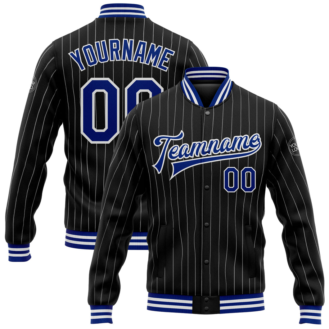 Custom Black White Pinstripe Royal Bomber Full-Snap Varsity Letterman Jacket