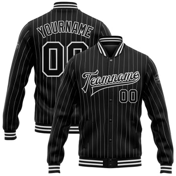 Custom Black White Pinstripe White Bomber Full-Snap Varsity Letterman Jacket