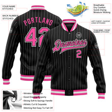 Laden Sie das Bild in den Galerie-Viewer, Custom Black White Pinstripe Pink Bomber Full-Snap Varsity Letterman Jacket
