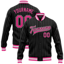 Laden Sie das Bild in den Galerie-Viewer, Custom Black White Pinstripe Pink Bomber Full-Snap Varsity Letterman Jacket
