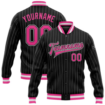 Custom Black White Pinstripe Pink Bomber Full-Snap Varsity Letterman Jacket