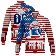 Load image into Gallery viewer, Custom Red US Navy Blue-Royal American Flag Fashion United States Congress Building 3D Pattern Design Bomber Full-Snap Varsity Letterman Jacket
