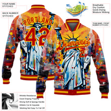 Laden Sie das Bild in den Galerie-Viewer, Custom Gold Red Statue of Liberty Independence Day 3D Pattern Design Bomber Full-Snap Varsity Letterman Jacket
