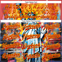 Laden Sie das Bild in den Galerie-Viewer, Custom Gold Red Statue of Liberty Independence Day 3D Pattern Design Bomber Full-Snap Varsity Letterman Jacket
