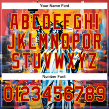 Laden Sie das Bild in den Galerie-Viewer, Custom Gold Red Statue of Liberty Independence Day 3D Pattern Design Bomber Full-Snap Varsity Letterman Jacket
