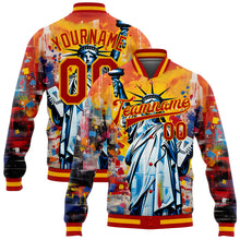 Laden Sie das Bild in den Galerie-Viewer, Custom Gold Red Statue of Liberty Independence Day 3D Pattern Design Bomber Full-Snap Varsity Letterman Jacket
