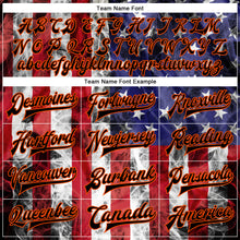 Load image into Gallery viewer, Custom Royal Black Orange-Red American Flag With Head Of Bull 3D Pattern Design Bomber Full-Snap Varsity Letterman Jacket
