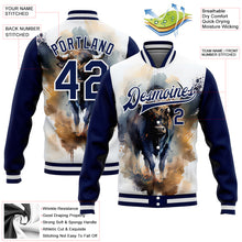 Laden Sie das Bild in den Galerie-Viewer, Custom White Navy A Bull With Horns 3D Pattern Design Bomber Full-Snap Varsity Letterman Jacket
