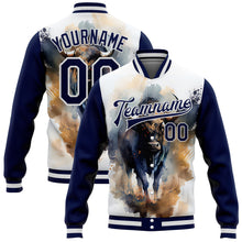 Laden Sie das Bild in den Galerie-Viewer, Custom White Navy A Bull With Horns 3D Pattern Design Bomber Full-Snap Varsity Letterman Jacket
