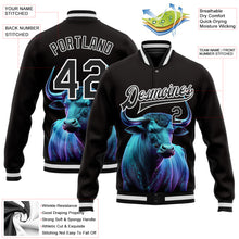 Laden Sie das Bild in den Galerie-Viewer, Custom Black White A Blue Bull With Blue Horns 3D Pattern Design Bomber Full-Snap Varsity Letterman Jacket
