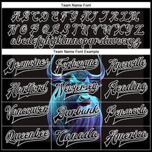 Laden Sie das Bild in den Galerie-Viewer, Custom Black White A Blue Bull With Blue Horns 3D Pattern Design Bomber Full-Snap Varsity Letterman Jacket
