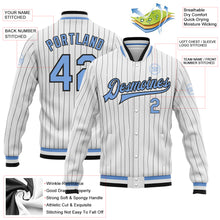 Laden Sie das Bild in den Galerie-Viewer, Custom White Black Pinstripe Light Blue Bomber Full-Snap Varsity Letterman Jacket
