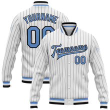 Laden Sie das Bild in den Galerie-Viewer, Custom White Black Pinstripe Light Blue Bomber Full-Snap Varsity Letterman Jacket
