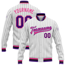 Laden Sie das Bild in den Galerie-Viewer, Custom White Black Pinstripe Purple-Pink Bomber Full-Snap Varsity Letterman Jacket
