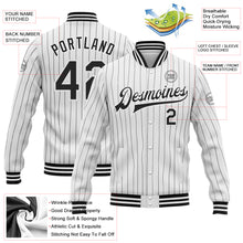 Load image into Gallery viewer, Custom White Black Pinstripe Black Bomber Full-Snap Varsity Letterman Jacket
