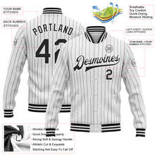 Laden Sie das Bild in den Galerie-Viewer, Custom White Black Pinstripe Black Bomber Full-Snap Varsity Letterman Jacket
