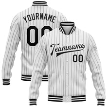 Laden Sie das Bild in den Galerie-Viewer, Custom White Black Pinstripe Black Bomber Full-Snap Varsity Letterman Jacket
