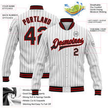 Laden Sie das Bild in den Galerie-Viewer, Custom White Black Pinstripe Red Bomber Full-Snap Varsity Letterman Jacket
