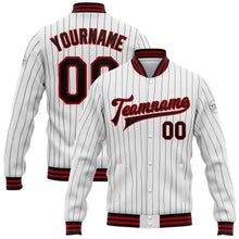 Laden Sie das Bild in den Galerie-Viewer, Custom White Black Pinstripe Red Bomber Full-Snap Varsity Letterman Jacket
