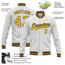 Laden Sie das Bild in den Galerie-Viewer, Custom White Black Pinstripe Gold Bomber Full-Snap Varsity Letterman Jacket
