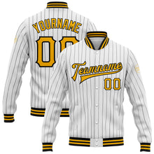 Laden Sie das Bild in den Galerie-Viewer, Custom White Black Pinstripe Gold Bomber Full-Snap Varsity Letterman Jacket
