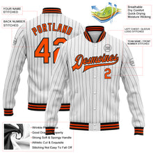 Laden Sie das Bild in den Galerie-Viewer, Custom White Black Pinstripe Orange Bomber Full-Snap Varsity Letterman Jacket
