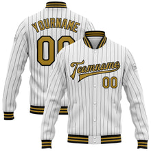 Laden Sie das Bild in den Galerie-Viewer, Custom White Black Pinstripe Old Gold Bomber Full-Snap Varsity Letterman Jacket
