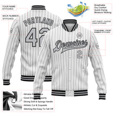 Laden Sie das Bild in den Galerie-Viewer, Custom White Black Pinstripe Gray Bomber Full-Snap Varsity Letterman Jacket
