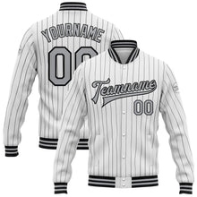 Laden Sie das Bild in den Galerie-Viewer, Custom White Black Pinstripe Gray Bomber Full-Snap Varsity Letterman Jacket
