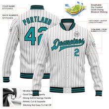 Laden Sie das Bild in den Galerie-Viewer, Custom White Black Pinstripe Teal Bomber Full-Snap Varsity Letterman Jacket
