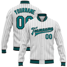 Load image into Gallery viewer, Custom White Black Pinstripe Teal Bomber Full-Snap Varsity Letterman Jacket
