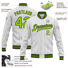 Laden Sie das Bild in den Galerie-Viewer, Custom White Black Pinstripe Neon Green Bomber Full-Snap Varsity Letterman Jacket
