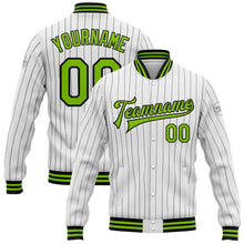 Laden Sie das Bild in den Galerie-Viewer, Custom White Black Pinstripe Neon Green Bomber Full-Snap Varsity Letterman Jacket
