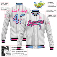 Laden Sie das Bild in den Galerie-Viewer, Custom White Black Pinstripe Light Blue-Pink Bomber Full-Snap Varsity Letterman Jacket
