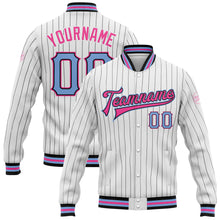 Laden Sie das Bild in den Galerie-Viewer, Custom White Black Pinstripe Light Blue-Pink Bomber Full-Snap Varsity Letterman Jacket
