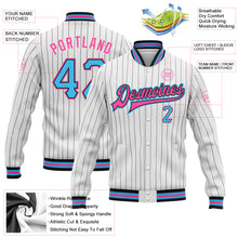 Laden Sie das Bild in den Galerie-Viewer, Custom White Black Pinstripe Sky Blue-Pink Bomber Full-Snap Varsity Letterman Jacket
