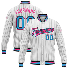 Laden Sie das Bild in den Galerie-Viewer, Custom White Black Pinstripe Sky Blue-Pink Bomber Full-Snap Varsity Letterman Jacket
